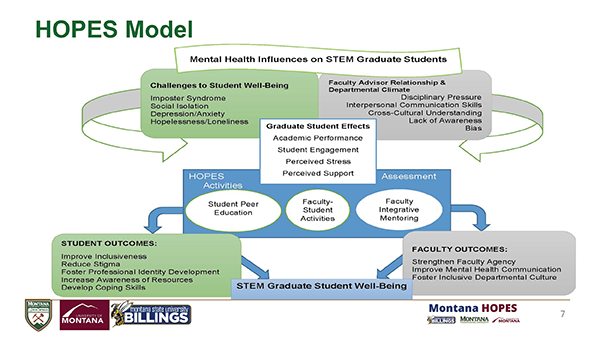 A conceptual diagram titled "HOPES Model: Mental Health Influences on STEM Graduate Students." It illustrates how student well-being challenges and faculty advisor/departmental climate factors affect graduate student performance, stress, and support. These factors feed into "HOPES Activities" (Peer Education, Faculty-Student Activities, Integrative Mentoring), which drive targeted Student and Faculty Outcomes to ultimately improve STEM Graduate Student Well-Being.